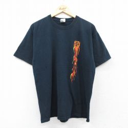 L★古着 半袖 ビンテージ Tシャツ メンズ 00年代 00s 鳥 ファイヤーパターン コットン クルーネック 黒 ブラック 25aug01 中古