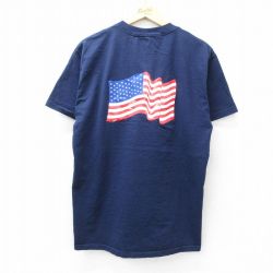 【50%OFF】L★古着 フルーツオブザルーム 半袖 ビンテージ Tシャツ メンズ 00年代 00s 星条旗 ハズマット コットン クルーネック 紺 ネイビー 25aug02 中古