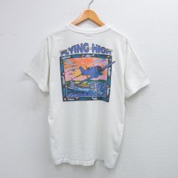 XL★古着 ヘインズ Hanes 半袖 ビンテージ Tシャツ メンズ 90年代 90s FLYING HIGH 飛行機 クルーネック 白 ホワイト 25aug02 中古
