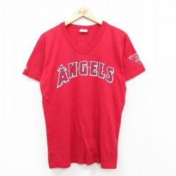 M★古着 マジェスティック 半袖 ビンテージ Tシャツ メンズ 00年代 00s MLB ロサンゼルスエンゼルス Vネック 赤 レッド メジャーリーグ ベースボール 野球 25aug02 中古