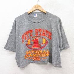 XL★古着 ラッセル 半袖 ビンテージ Tシャツ メンズ 90年代 90s PITT アメフト ショート丈 コットン クルーネック USA製 グレー 霜降り 【spe】 25aug04 中古