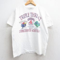 【20%OFF】L★古着 オニータ ONEITA 半袖 ビンテージ Tシャツ メンズ 90年代 90s カンザス ジェイホークス ALOHAWKS コットン クルーネック 白 ホワイト 25aug05 中古