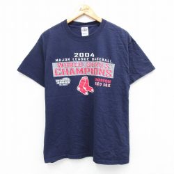 M★古着 半袖 ビンテージ Tシャツ メンズ 00年代 00s MLB ボストンレッドソックス コットン クルーネック 紺 ネイビー メジャーリーグ ベースボール 野球 25aug07 中古
