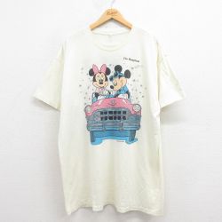 【50%OFF】XL★古着 半袖 ビンテージ Tシャツ メンズ 80年代 80s ディズニー DISNEY ミッキー MICKEY MOUSE ミニー 両面プリント 大きいサイズ ロング丈 薄黄 イエロー 【spe】 25aug08 中古