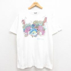 L★古着 半袖 ビンテージ Tシャツ メンズ 90年代 90s 魚 コットン クルーネック USA製 白 ホワイト 25aug08 中古