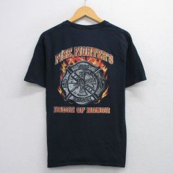 【50%OFF】L★古着 半袖 ビンテージ Tシャツ メンズ 00年代 00s 消防署 コットン クルーネック 黒 ブラック 25aug08 中古