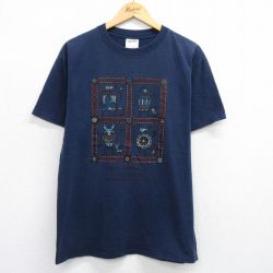 【50%OFF】L★古着 TULTEX 半袖 ビンテージ Tシャツ メンズ 90年代 90s 壁画 コットン クルーネック 紺 ネイビー 25aug09 中古