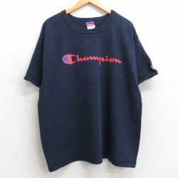 XL★古着 チャンピオン champion 半袖 ビンテージ Tシャツ メンズ 00年代 00s ビッグロゴ 大きいサイズ コットン クルーネック 紺 ネイビー 25aug13 中古