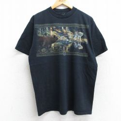L★古着 半袖 ビンテージ Tシャツ メンズ 00年代 00s クマ オオカミ クルーネック 黒 ブラック 25aug13 中古