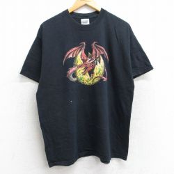 【50%OFF】L★古着 半袖 ビンテージ Tシャツ メンズ 00年代 00s ドラゴン コットン クルーネック 黒 ブラック 25aug13 中古