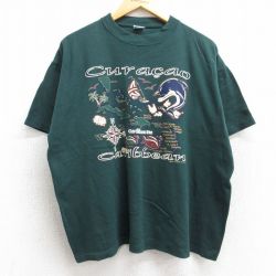 XL★古着 半袖 ビンテージ Tシャツ メンズ 90年代 90s キュラソー イルカ 魚 大きいサイズ コットン クルーネック 濃緑 グリーン 25aug13 中古