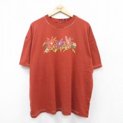 XL★古着 半袖 ビンテージ Tシャツ メンズ 90年代 90s 花 大きいサイズ クルーネック 濃オレンジ系 25aug18 中古