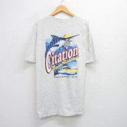 XL★古着 半袖 ビンテージ Tシャツ メンズ 90年代 90s 魚 Citation 胸ポケット付き 大きいサイズ コットン クルーネック USA製 薄グレー 霜降り 25aug19 中古