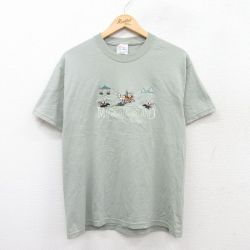 M★古着 ヘインズ Hanes 半袖 ビンテージ Tシャツ メンズ 00年代 00s MACKINAC ISLAND 刺繍 クルーネック 緑系 グリーン 25aug21 中古