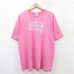 XL★古着 半袖 ビンテージ Tシャツ メンズ 00年代 00s ディズニー DISNEY 不思議の国のアリス コットン クルーネック ピンク 25aug21 中古