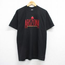 【50%OFF】L★古着 フルーツオブザルーム 半袖 ビンテージ Tシャツ メンズ 90年代 90s アリゾナ 唐辛子 刺繍 コットン クルーネック USA製 黒 ブラック 25aug21 中古