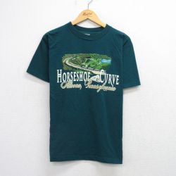 L★古着 半袖 ビンテージ Tシャツ メンズ 90年代 90s ホースシューカーブ コットン クルーネック USA製 青緑系 25aug21 中古