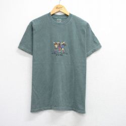 L★古着 半袖 ビンテージ Tシャツ メンズ 00年代 00s シカ 刺繍 コットン クルーネック 緑系 グリーン 25aug21 中古