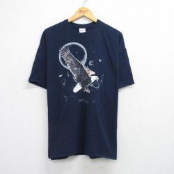【20%OFF】XL★古着 半袖 ビンテージ Tシャツ メンズ 00年代 00s 鳥 月 大きいサイズ コットン クルーネック 紺 ネイビー 25aug21 中古