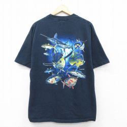 XL★古着 半袖 ビンテージ Tシャツ メンズ 90年代 90s 魚 胸ポケット付き コットン クルーネック USA製 紺 ネイビー 25aug22 中古
