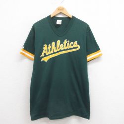L★古着 マジェスティック 半袖 ビンテージ Tシャツ メンズ 90年代 90s MLB オークランドアスレチック Vネック USA製 緑他 グリーン メジャーリーグ ベースボール 野球 25aug23 中古