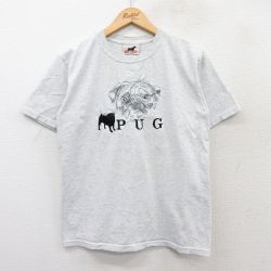 S★古着 半袖 ビンテージ Tシャツ メンズ 00年代 00s 犬 パグ 刺繍 クルーネック 薄グレー 霜降り 25aug26 中古