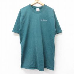 【20%OFF】L★古着 ウィルソン 半袖 ビンテージ Tシャツ メンズ 90年代 90s ワンポイントロゴ ロング丈 コットン クルーネック USA製 緑 グリーン 25aug26 中古