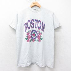 M★古着 半袖 ビンテージ Tシャツ メンズ 90年代 90s ボストン 花 クルーネック USA製 薄グレー 霜降り 25aug27 中古