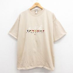 XL★古着 半袖 ビンテージ Tシャツ メンズ 90年代 90s ヨット 刺繍 コットン クルーネック USA製 ベージュ カーキ 25aug27 中古