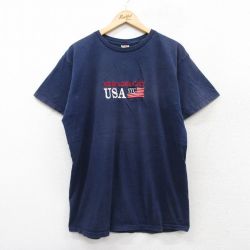 XL★古着 フルーツオブザルーム 半袖 ビンテージ Tシャツ メンズ 00年代 00s USAロゴ 星条旗 刺繍 コットン クルーネック 紺 ネイビー 25aug27 中古