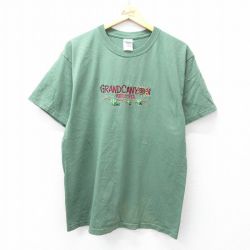 L★古着 半袖 ビンテージ Tシャツ メンズ 00年代 00s グランドキャニオン アリゾナ 刺繍 コットン クルーネック 緑 グリーン 25aug27 中古