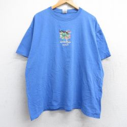 XL★古着 半袖 ビンテージ Tシャツ メンズ 00年代 00s ヤシの木 ナポリ 刺繍 大きいサイズ コットン クルーネック 薄紺 ネイビー 25aug28 中古