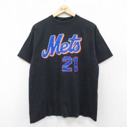 L★古着 マジェスティック 半袖 ビンテージ Tシャツ メンズ 00年代 00s MLB ニューヨークメッツ ビルパルシファー 21 コットン クルーネック 黒 ブラック メジャーリーグ ベースボール 野球 25aug28 中古