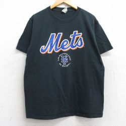L★古着 半袖 ビンテージ Tシャツ メンズ 00年代 00s MLB ニューヨークメッツ コットン クルーネック 黒 ブラック メジャーリーグ ベースボール 野球 25aug28 中古