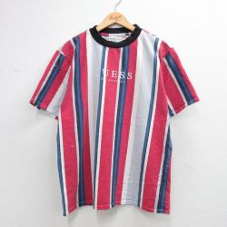 XL★古着 ゲス GUESS 半袖 ブランド Tシャツ メンズ ビッグロゴ 刺繍 コットン クルーネック 濃ピンク他 ストライプ 26apr08