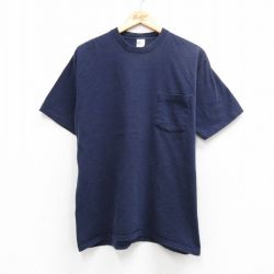 XL★古着 タウンクラフト 半袖 ビンテージ Tシャツ メンズ 90年代 90s 無地 胸ポケット付き コットン クルーネック USA製 紺 26apr08