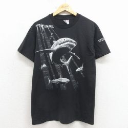 M★古着 ヘインズ 半袖 ビンテージ Tシャツ メンズ 90年代 90s サメ クルーネック USA製 黒 26apr11