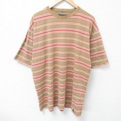 XL★古着 半袖 ビンテージ Tシャツ メンズ 00年代 00s 大きいサイズ コットン クルーネック 茶 ブラウン ボーダー 25jun10 中古