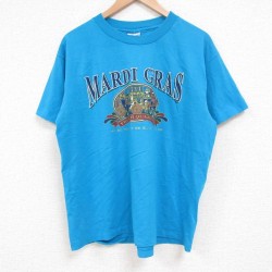 L★古着 ヘインズ Hanes 半袖 ビンテージ Tシャツ メンズ 90年代 90s マルディグラ クルーネック USA製 青 ブルー 25jun11 中古