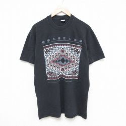 L★古着 半袖 ビンテージ Tシャツ メンズ 80年代 80s ネイティブ柄 ラグ柄 コットン クルーネック USA製 黒 ブラック 25jun14 中古