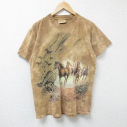 L★古着 半袖 ビンテージ Tシャツ メンズ 00年代 00s 馬 コットン クルーネック 薄茶他 ブラウン タイダイ 25jun17 中古