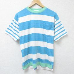 M★古着 半袖 ビンテージ Tシャツ メンズ 00年代 00s 胸ポケット付き クルーネック 水色他 ボーダー 25jun17 中古