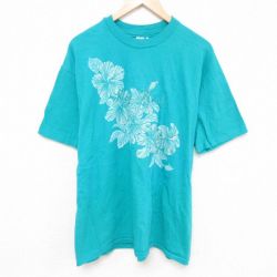 XL★古着 ヘインズ Hanes 半袖 ビンテージ Tシャツ メンズ 90年代 90s 花柄 コットン クルーネック USA製 青緑 25jun21 中古