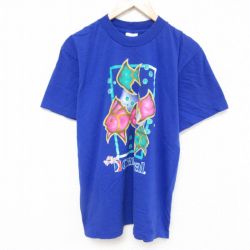 L★古着 半袖 ビンテージ Tシャツ メンズ 90年代 90s 魚 コットン クルーネック 青 ブルー 25jun21 中古