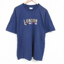XL★古着 スクリーンスターズ 半袖 ビンテージ Tシャツ メンズ 90年代 90s ロンドン 刺繍 大きいサイズ コットン クルーネック 紺 ネイビー 25jun21 中古