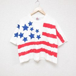 XL★古着 フルーツオブザルーム 半袖 ビンテージ Tシャツ メンズ 90年代 90s 星条旗 全面プリント ショート丈 コットン クルーネック USA製 白 ホワイト 25jun23 中古