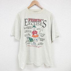 XL★古着 半袖 ビンテージ Tシャツ メンズ 90年代 90s 釣り 大きいサイズ コットン クルーネック 薄グレー 霜降り 25jun30 中古