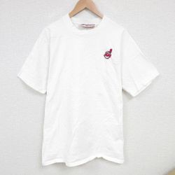 L★古着 半袖 ビンテージ Tシャツ メンズ 90年代 90s MLB クリーブランドインディアンス コットン クルーネック カナダ製 白 ホワイト メジャーリーグ ベースボール 野球 25jun30 中古