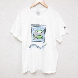 L★古着 半袖 ビンテージ Tシャツ メンズ 00年代 00s 魚 コットン クルーネック 白 ホワイト 25jul01 中古