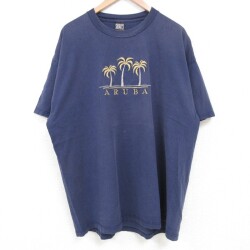 XL★古着 半袖 ビンテージ Tシャツ メンズ 90年代 90s ARUBA 刺繍 大きいサイズ コットン クルーネック USA製 紺 ネイビー 25jul01 中古